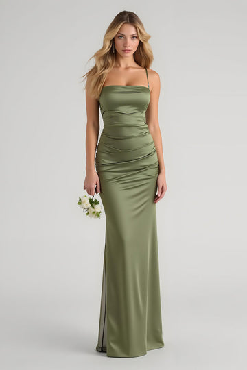 Olive Satin Ruched Spaghetti Straps Long Sheath Bridesmaid Dress